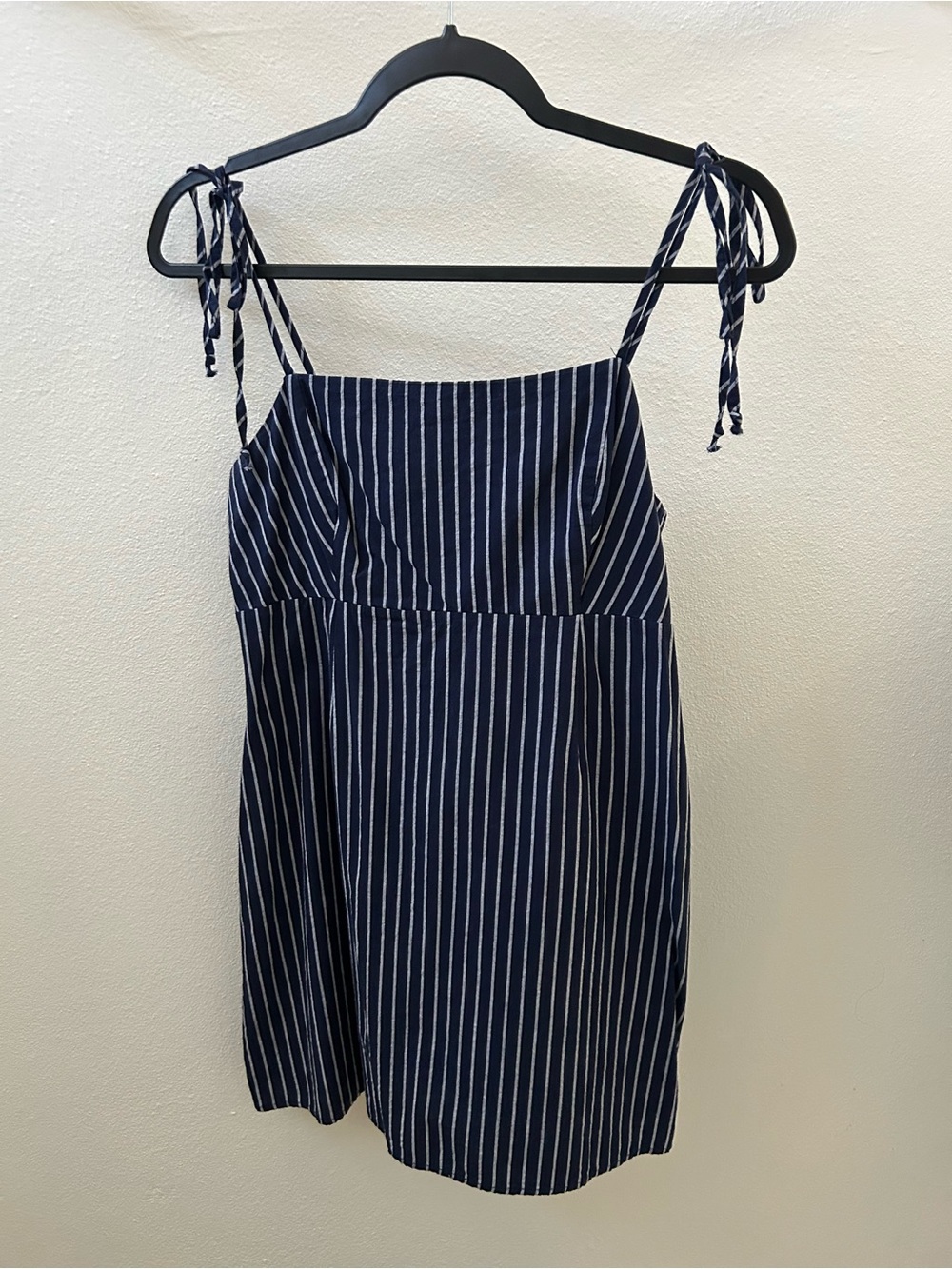 Tie-Strap Navy Pinstripe Mini Dress